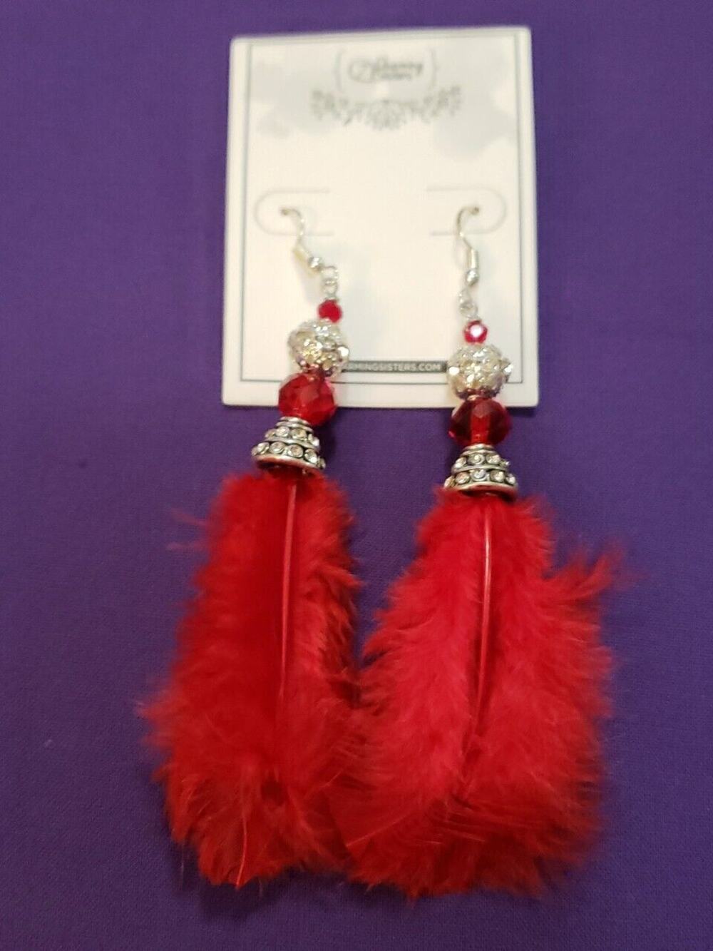 Long Red Feather Dangle Earrings Clear Rhinestone Crystal Ball Silver Tone